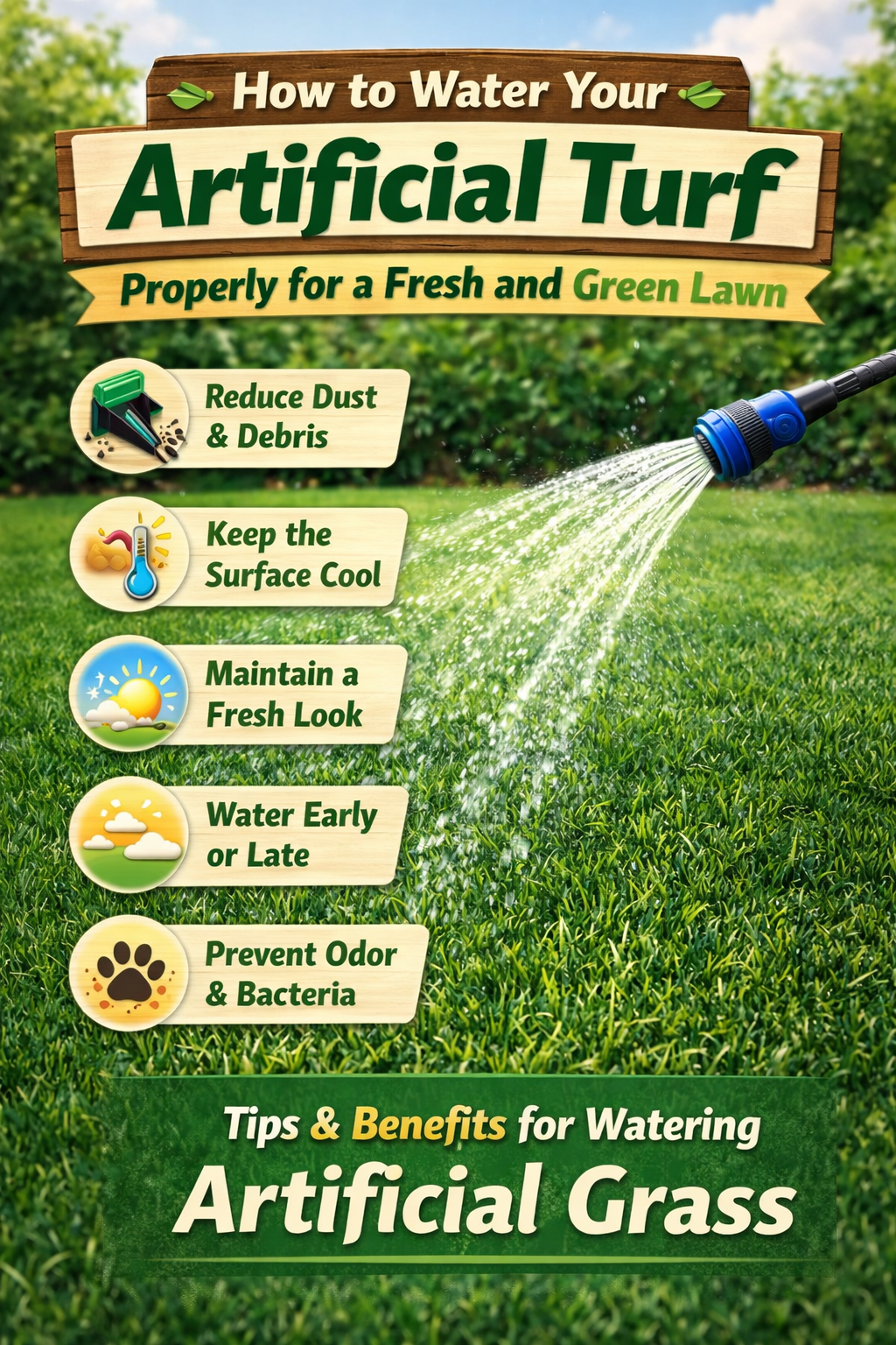 Artificial turf in Nairobi being watered with a hose, keeping synthetic grass clean, cool, and fresh
